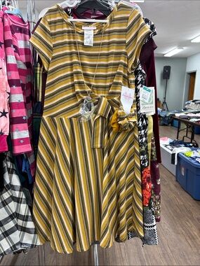 Bonnie Jean Mustard and Black Striped Fit-and-Flare Dress with Bow Accent